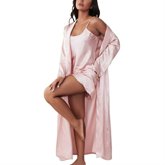 Hifoo Women Fashionable Robe And Nightgown Two Piece Comfortable Casual O-Neck Loungewear For Stylish Home Attire Holiday Solid Color Sleepwear