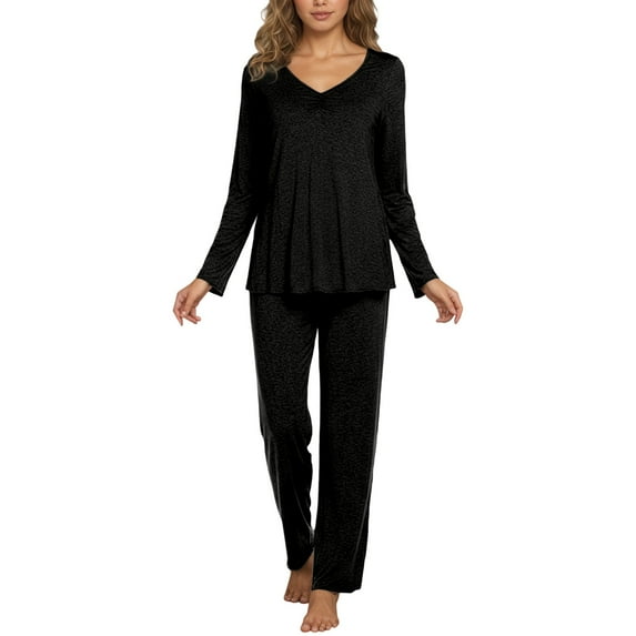 Hifoo Women Long Sleeve Pajama Solid Color Notch Collar Casual O-Neck Loungewear Soft Sleepwear Nightwear Comfortable Homewear Pjs Sets Fashionable Nightwear