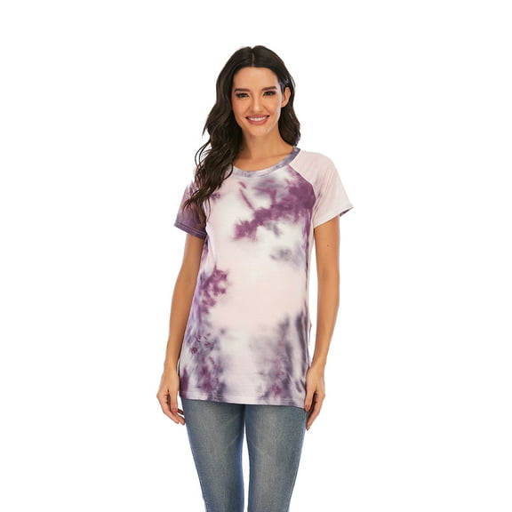 Hifoo Women Maternity Irregular Tie Dye Hem Tee Shirt Casual Short Sleeve Crew Neck Basic Nursed T Shirt Tops Breastfeeding Cozy Nursing Pregnant Blouses