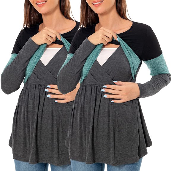 Hifoo Women Maternity Long Sleeve Crew Neck Color Block Nursed Tops T Shirt For Breastfeeding Pregnancy Clothes 2-Pack Cute Nursing Pregnant Blouses