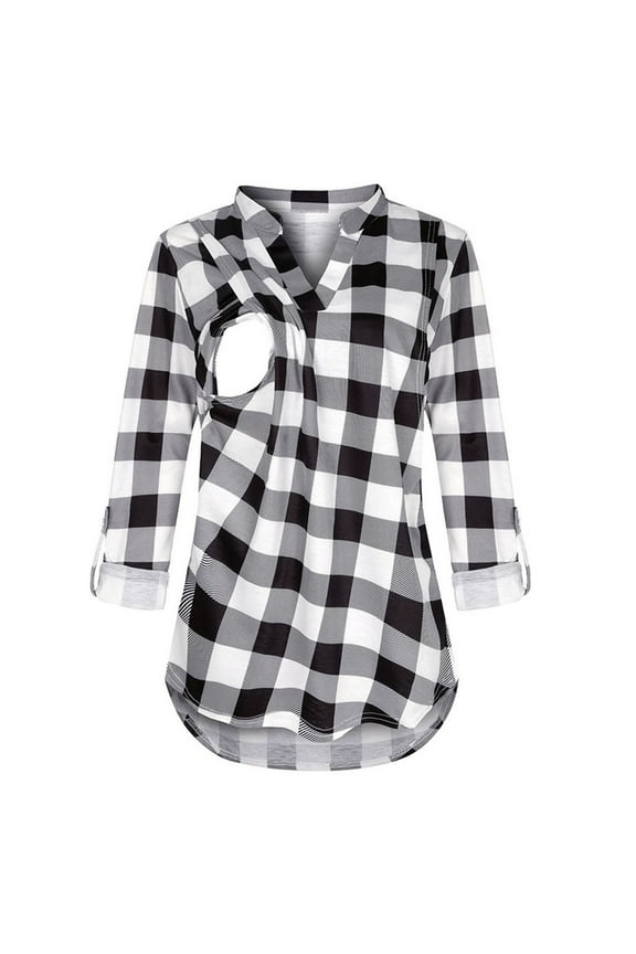 Women Maternity Long Sleeve Plaid Printed Nursingg Shirts Blouse For Breastfeeding V Neck Tops Birthday Pregnant Tops Shirts