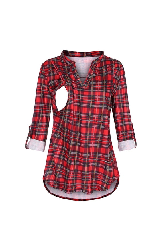 Women Maternity Long Sleeve Plaid Printed Nursingg Shirts Blouse For Breastfeeding V Neck Tops Soft Pregnant Tops Shirts