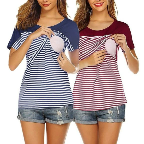 Hifoo Women Maternity Short Sleeve Crew Neck Striped Printed Nursed Tops T Shirt For Breastfeeding 2-Pack Comfort Nursing Pregnant Blouses