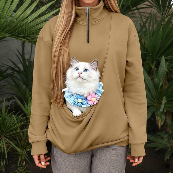 Hifoo Women O-Neck Quarter Zip Sweatshirt With Pocket And Sling For Cats Comfortable Soft Solid Color Pullover Casual Long Sleeve Tops Pouch Kitten Puppy Carrier Autumn Fashionable Dailywear