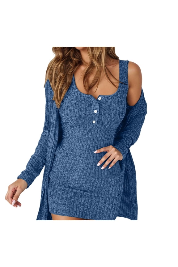 Women Sleeveless Dress And Cardigan Two Piece Soft Ribbed Knit Tunic Tank Maxi Long Dress With Open Front Coat Casual Pjs Sets Holiday Solid Color Sleepwear