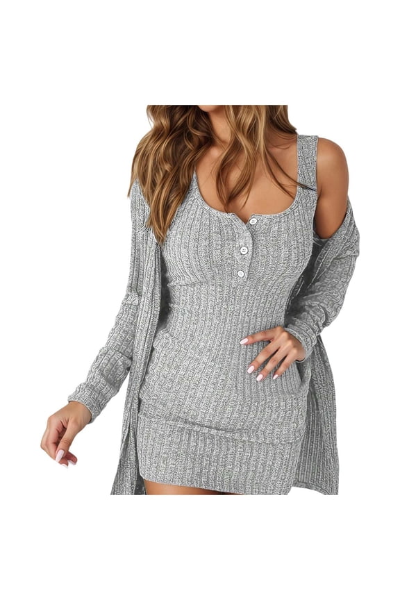 Women Sleeveless Dress And Cardigan Two Piece Soft Ribbed Knit Tunic Tank Maxi Long Dress With Open Front Coat Casual Pjs Sets Versatile Solid Color Sleepwear