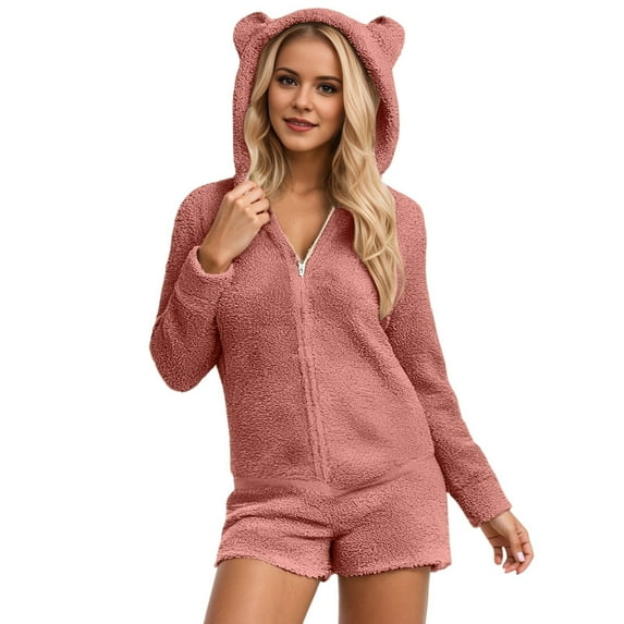 Hifoo Women Solid Color Hooded Jumpsuit Casual Long Sleeve Romper Shorts With Pockets For Sleepwear Comfortable Pjs Sets Comfort Home Loungewear