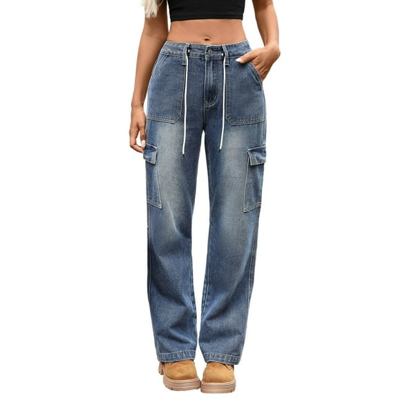 Hifoo Women Straight Leg Casual Denim Pants With Drawstring Waist Multiple Utility Pockets Everyday Comfortable Wear Trousers Solid Color Joggers Daily Slacks Fashionable