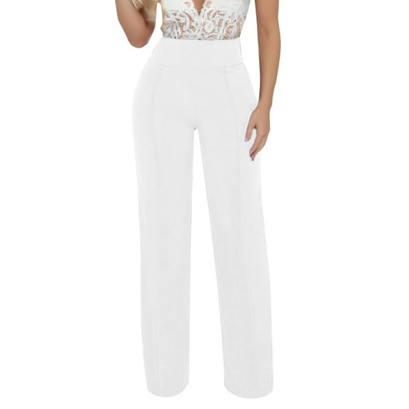 Hifoo Women Stretchy Straight Leg Pants Comfy Solid Color Classic High Waisted Wide Leg Long Bootcut Pant Slacks Work Office Trousers Classic Slacks