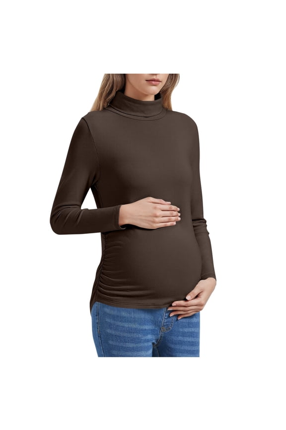 Women Winter Maternity Blouse For Soft Warm High Neck Pullover Tops With Side Ruffles Comfortable Stretchable Fabric Pregnancy Soft Nursing Pregnant Tops Shirts