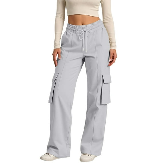 Hifoo Women's Casual Pants High Waist Loose Fit Elastic Waistband Drawstring Utility Wide Leg Trousers Comfortable Pocket Outdoor Travel Solid Color Joggers Daily Slacks Comfort