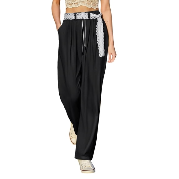 Hifoo Women's Casual Pants Lace Trim Straight Leg Pants Comfortable Breathable Summer Fall Travel Outdoor Everyday Wear Trousers Solid Color Joggers Daily Slacks Trendy