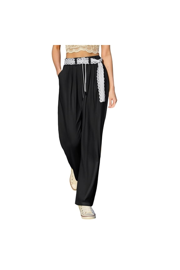 Women's Casual Pants Lace Trim Straight Leg Pants Comfortable Breathable Summer Fall Travel Outdoor Everyday Wear Trousers Solid Color Joggers Daily Slacks Stylish