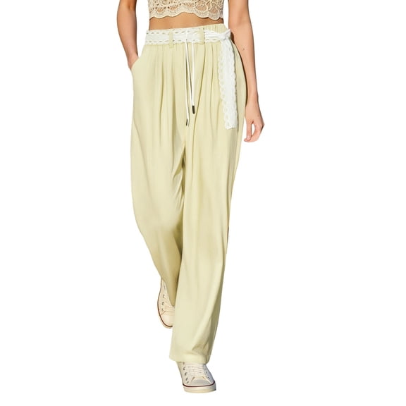 Hifoo Women's Casual Pants Lace Trim Straight Leg Pants Comfortable Breathable Summer Fall Travel Outdoor Everyday Wear Trousers Solid Color Joggers Daily Slacks Leisure