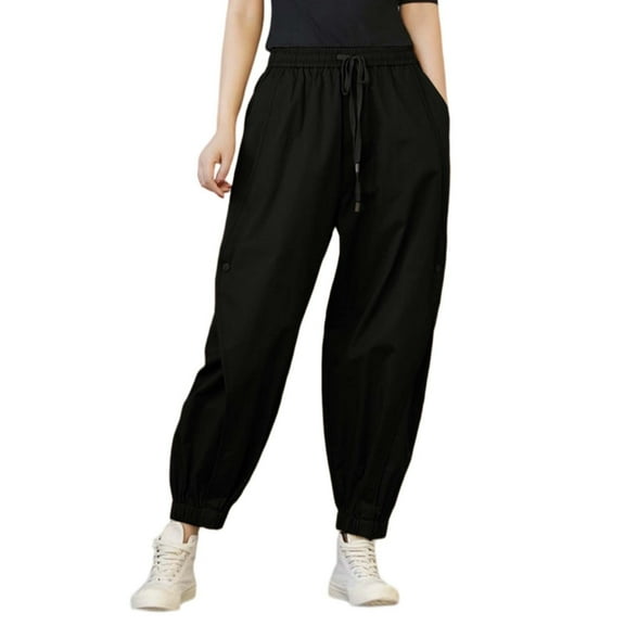 Hifoo Women's Casual Pants Loose Cargo Harem Pants Elastic Waist Joggers Daily Wear Comfortable Streetwear Trousers Solid Color Slacks Soft