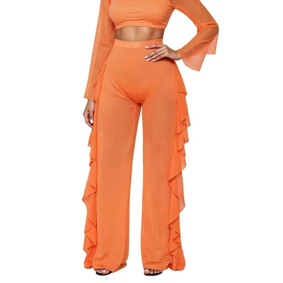 Hifoo Women's Casual Pants Sheer Mesh Beach Pants With Ruffle Hem Elegant Sexy Comfortable Long Pants Joggers Daily Wear Trousers Solid Color Slacks Versatile