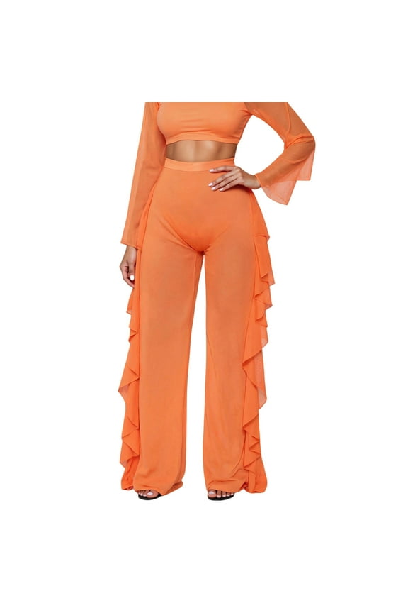 Women's Casual Pants Sheer Mesh Beach Pants With Ruffle Hem Elegant Sexy Comfortable Long Pants Joggers Daily Wear Trousers Solid Color Slacks Versatile