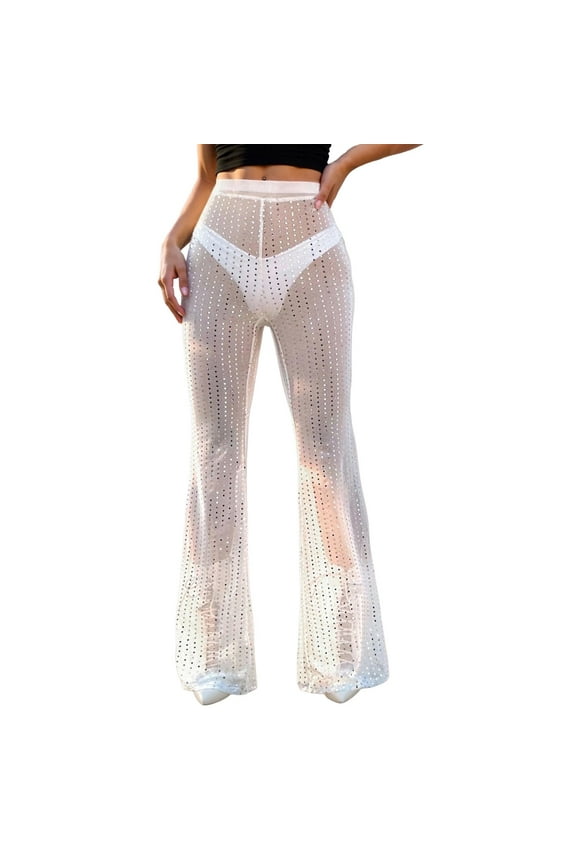 Women's Pants Trousers Long Trousers Flared Trousers Mesh Rhinestones High Waisted Trousers Sequins Ventilated Casual Style Carnival Party Solid Color Joggers Daily Slacks Versatile