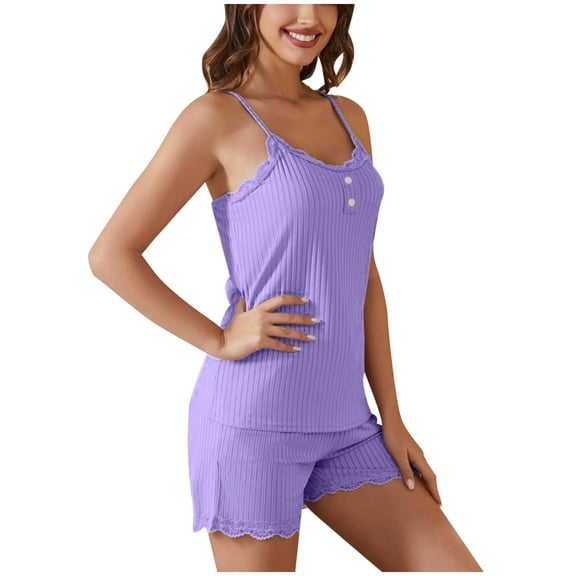 Hifoo Women's Sleepwear Solid Color Summer Spaghetti Tops Shorts With Lace Casual Home Pajamas And Pajama Pants Sets Soft O-Neck Loungewear
