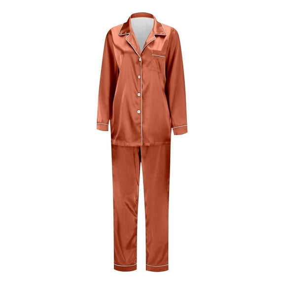 Hifoo Women's Solid Color Sleepwear Brown Silk Matching Family Pajamas Long Sleeve Lapel Button Blouse Tops Pants Sets Stylish Casual Home Loungewear