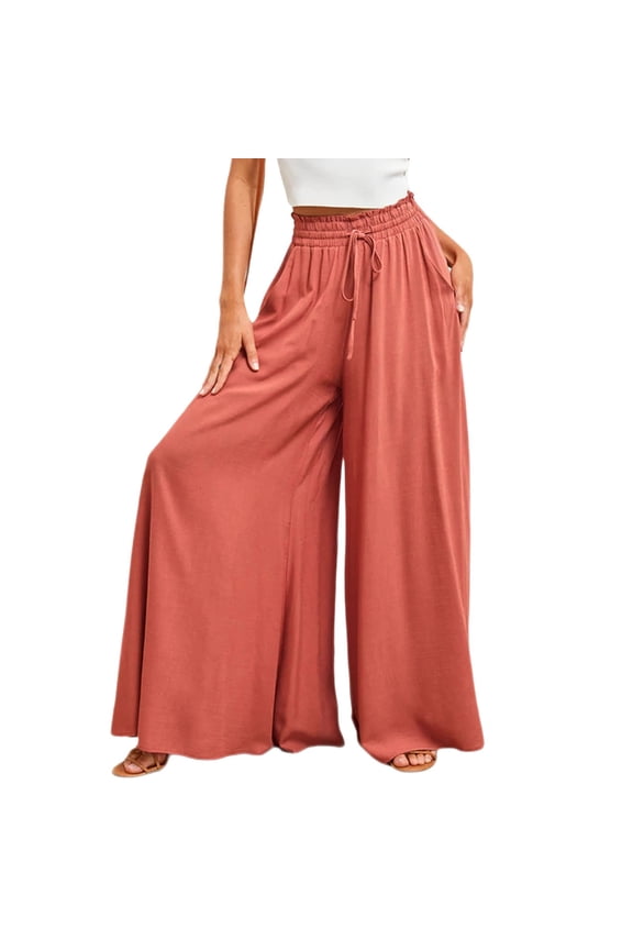 Women's Wide Leg Pants Flowy Drape Ruffle Drawstring Waist Pants Trousers Versatile Solid Color Slacks