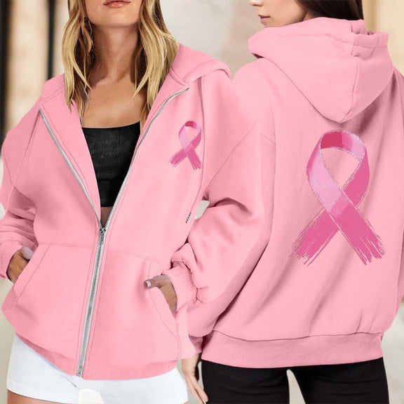 Hifoo Women's Zip Up Hoodie Pullover Pink Ribbon Long Sleeve Pocket Drawstring Casual Sweatshirt For Everyday Wear Autumn Classic Dailywear