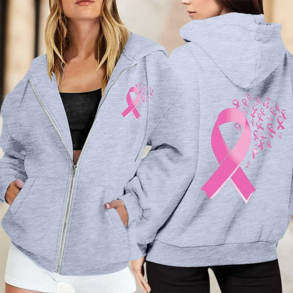 Hifoo Women's Zip Up Hoodie Pullover Pink Ribbon Long Sleeve Pocket Drawstring Casual Sweatshirt For Everyday Wear Autumn Fashionable Dailywear