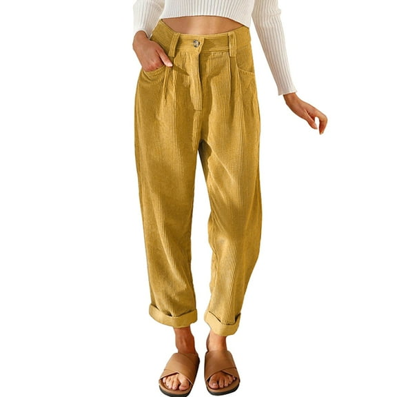 Hifoo Womens Corduroy Pockets Cropped Straight Leg Pants Elegant Casual Trousers Comfort Solid Color Slacks