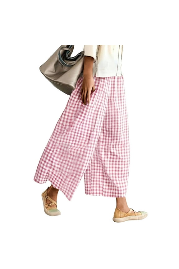 Womens Wide Leg Capri Pants Gingham Plaid Culottes Summer Elastic Waist Palazzo Trousers Bottoms With Pockets Solid Color Joggers Daily Slacks Boho