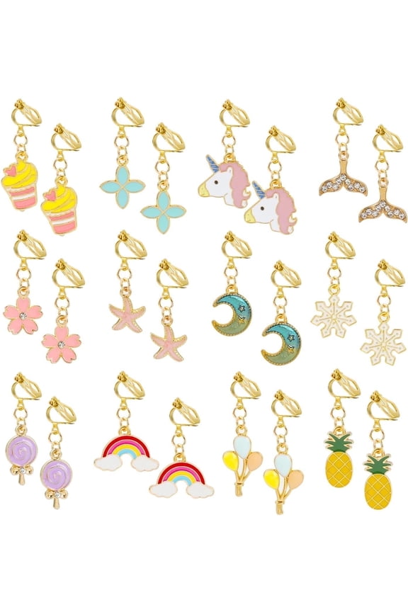 Hifot 12 Pairs Clip-On Earrings, Multicolor, Flower, Unicorn, Mermaid, Fruit, Rainbow, Snow, Moon