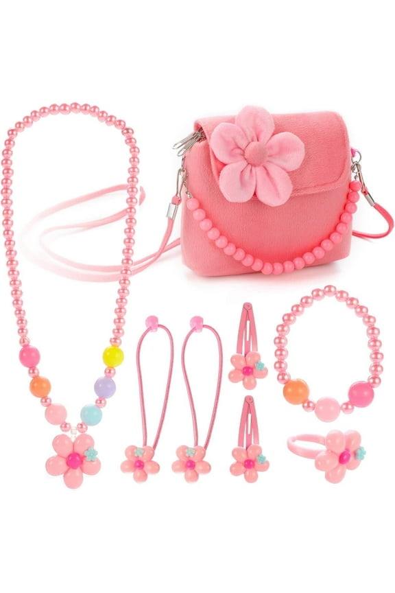 Kids Plush Jewelry Set, Necklace, Bracelet, Ring & Hair Clips for Girls (7-Piece)