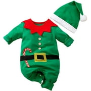 Hifot My First Christmas Baby Girl Boy Romper Christmas Outfits Newborn Long Sleeve Jumpsuit + Hat Infant Clothes Set, 0-3 Month, Green