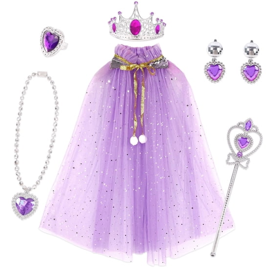 Princess Dress Up for Little Girls, Purple Princess Cape with Crown 7PCS Dress Up Toys Gift Set for Girl 3-8 Years
