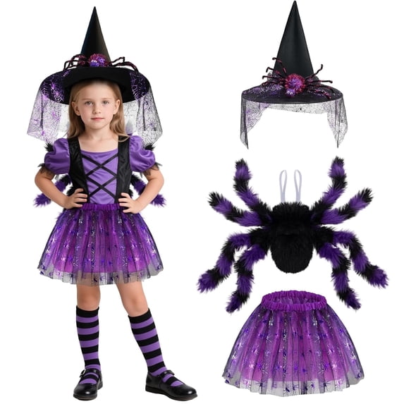 Hifot Spider Costume for Kids, Spider Wings Tutu Skirt Spiderweb Headband Set Spider Fancy Dress Girls Halloween Costumes Cosplay Party Spider Costume Set Halloween Decoration