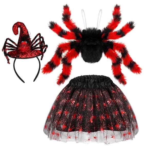 Hifot Spider Costume for Kids, Spider Wings Tutu Skirt Spiderweb Headband Set Spider Fancy Dress Girls Halloween Costumes Cosplay Party Spider Costume Set Halloween Decoration, Red