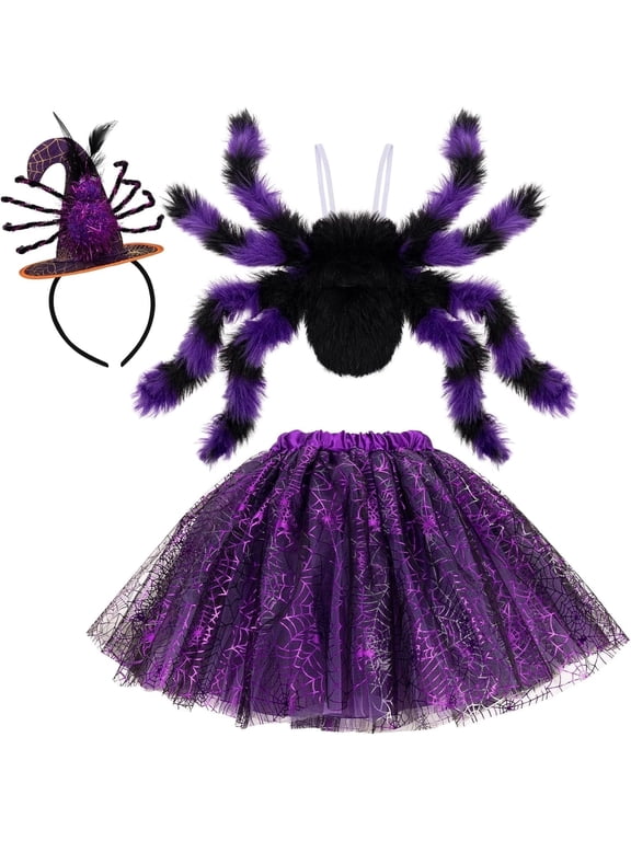 Hifot Spider Costume for Kids, Spider Wings Tutu Skirt Spiderweb Headband Set Spider Fancy Dress Girls Halloween Costumes Cosplay Party