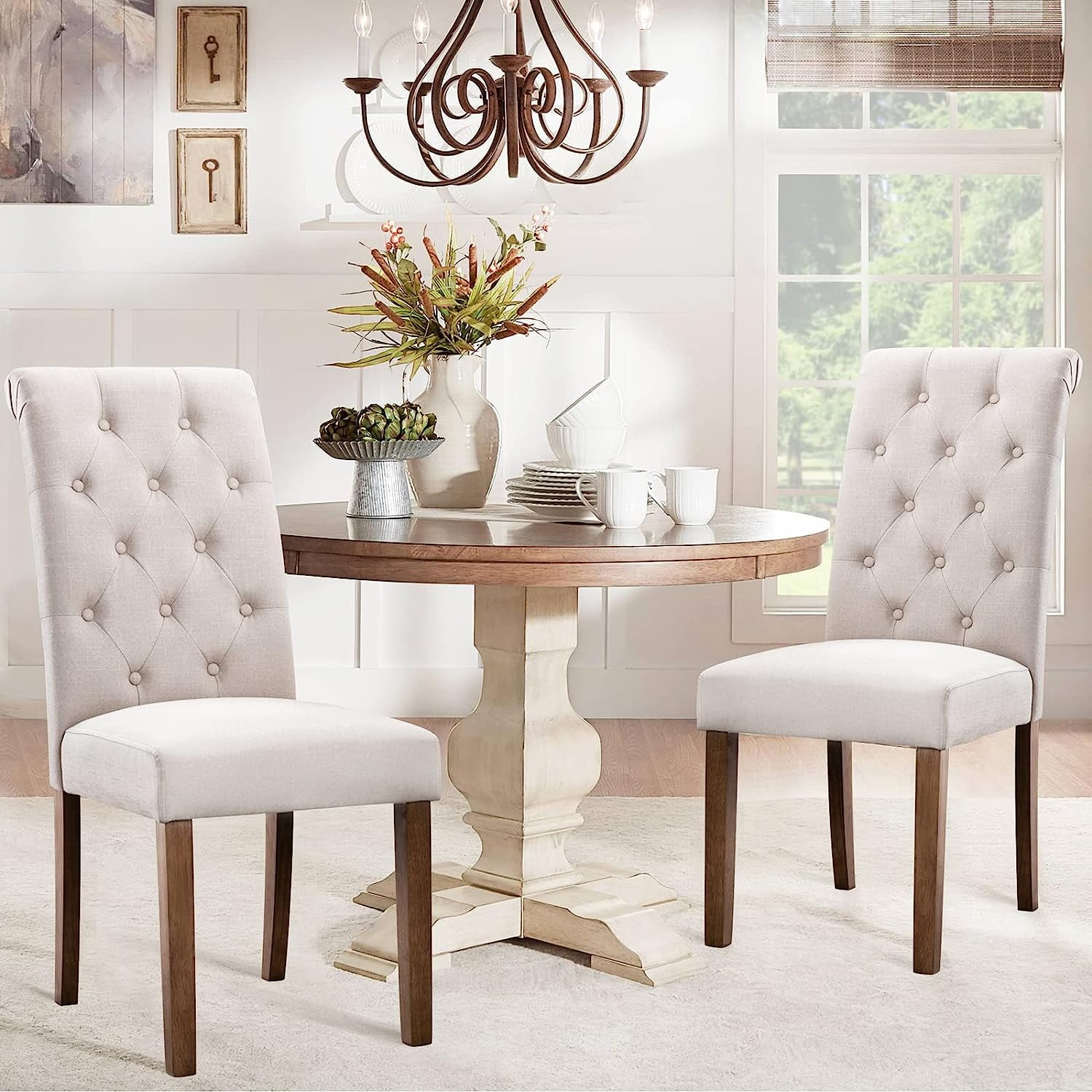 Hifurni Tufted Dining Chairs Set of 2 Elegant Upholstered Parsons Chairs with Wood Legs in Beige