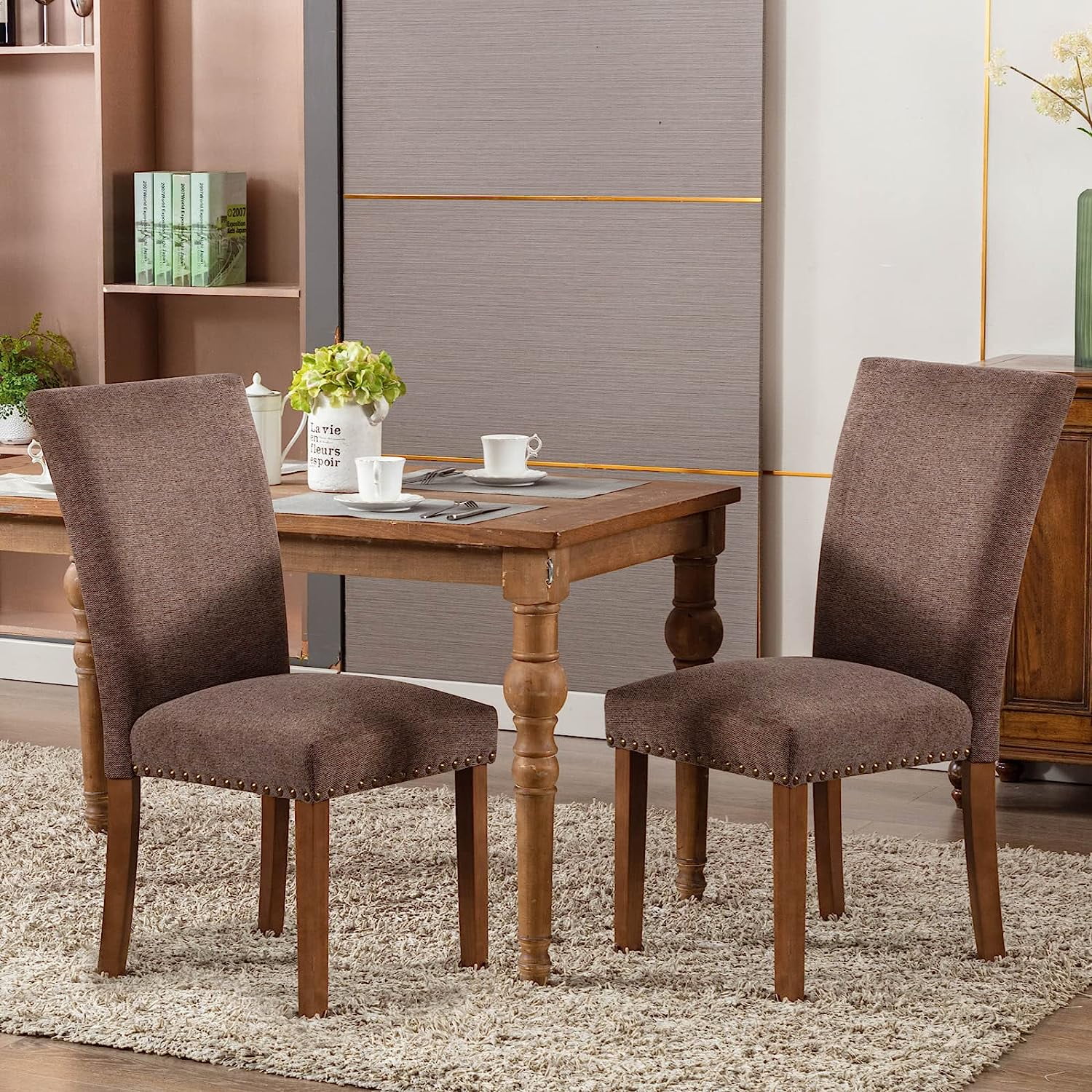 Hifurni Upholstered Parsons Dining Chairs Set of 2, Brown Fabric