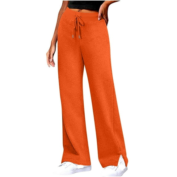 Hig Waist Sweatpants for Women Split Hem Straight Wide Leg Casual Pants with Pocket Drawstring Fall Lounge Trousers, Orange, S
