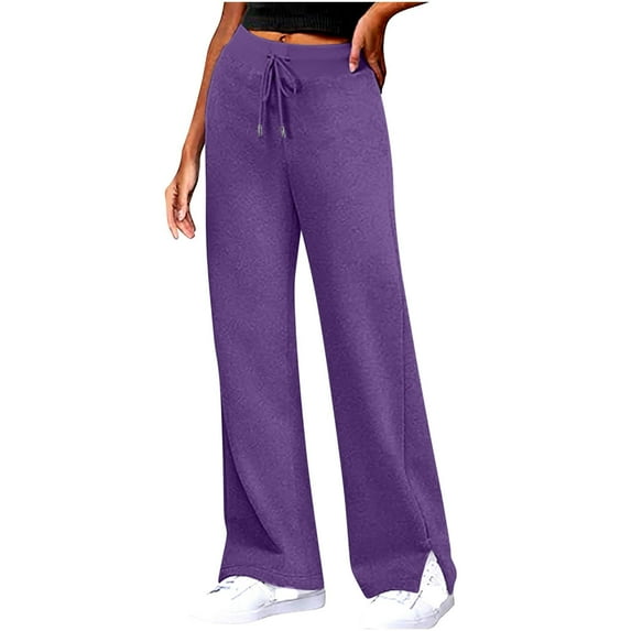 Hig Waist Sweatpants for Women Split Hem Straight Wide Leg Casual Pants with Pocket Drawstring Fall Lounge Trousers, Purple, L