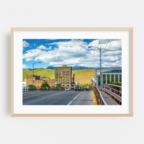 Higgins Avenue - Missoula Montana Photography City Architecture Bridge Mountain Street Photography Vintage Scenic Oak Framed Wall Art Print 5 x 7 inches