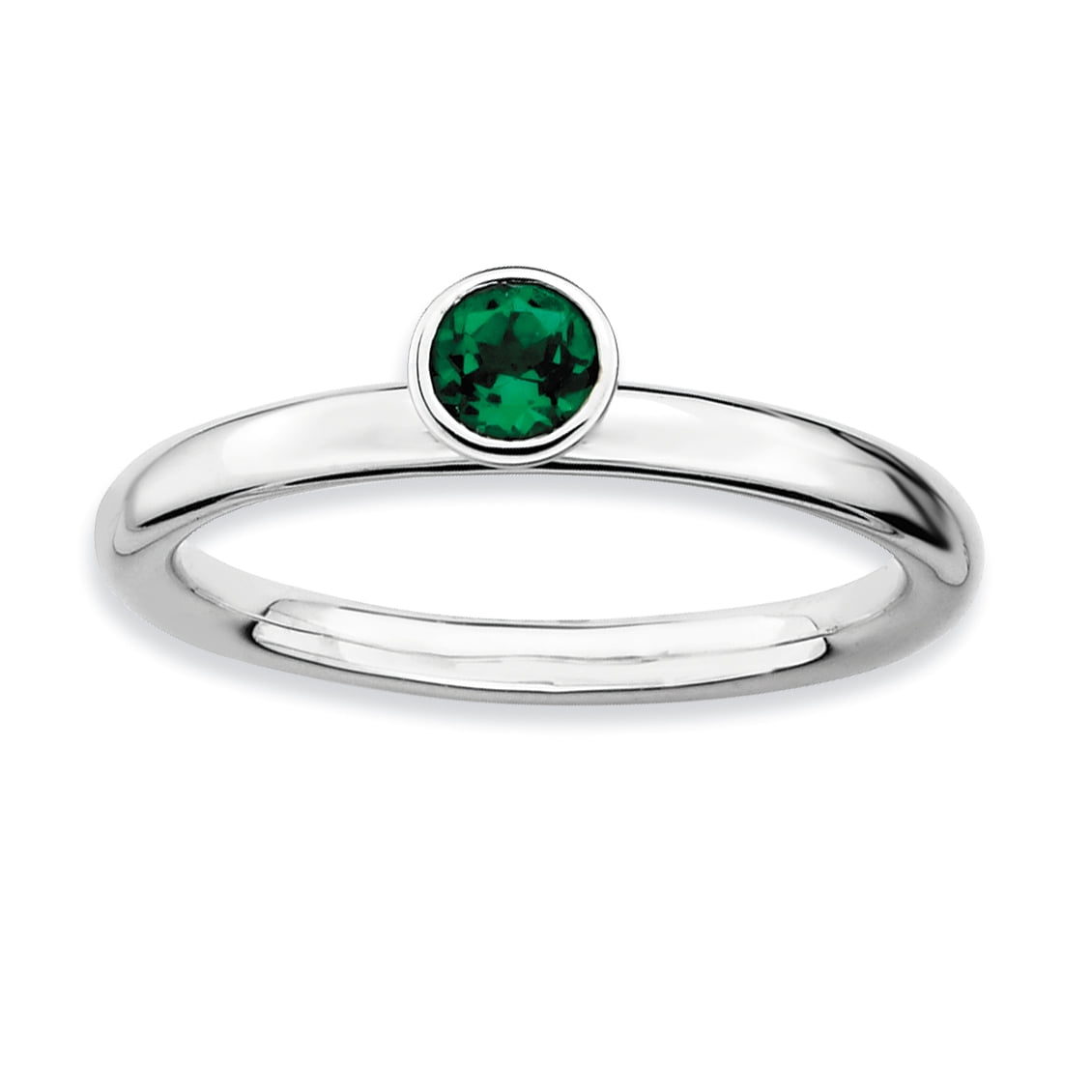 High 4mm Round Created Emerald Sterling Silver Ring
