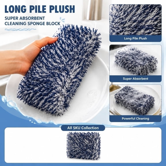 High Absorbency Multi-Purpose Cleaning Sponge Block with Plush Surface, Heavy Duty Scrubbing Scouring Pad, Synthetic Fiber, for Kitchen, Bathroom, and Home Surfaces