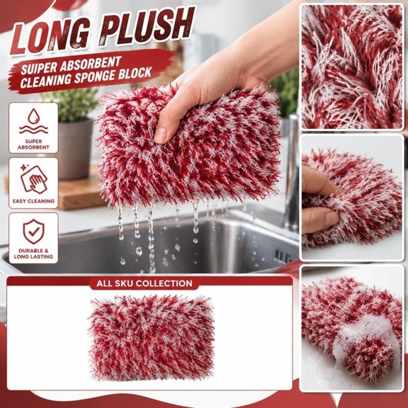High Absorbency Multi-Purpose Cleaning Sponge Block with Plush Surface, Heavy Duty Scrubbing Scouring Pad, Synthetic Fiber, for Kitchen, Bathroom, and Home Surfaces