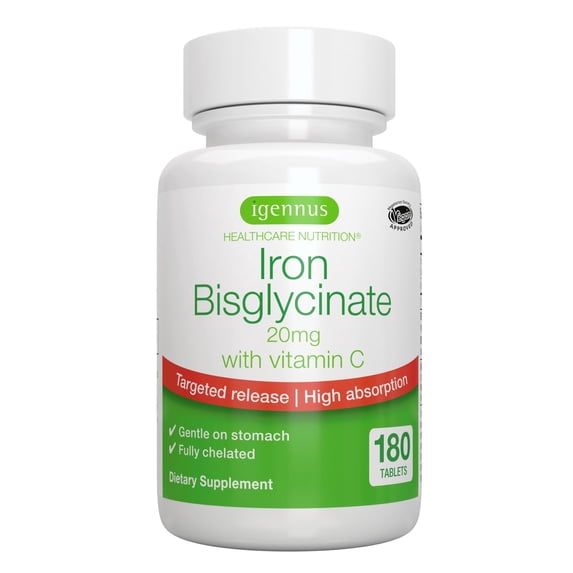 Igennus Clean & Gentle Iron Bisglycinate 20mg Plus Vitamin C, 6 Month Supply, Targeted Release, Chelated High Absorption Ferrous Bisglycinate, Vegan, 180 Tablets