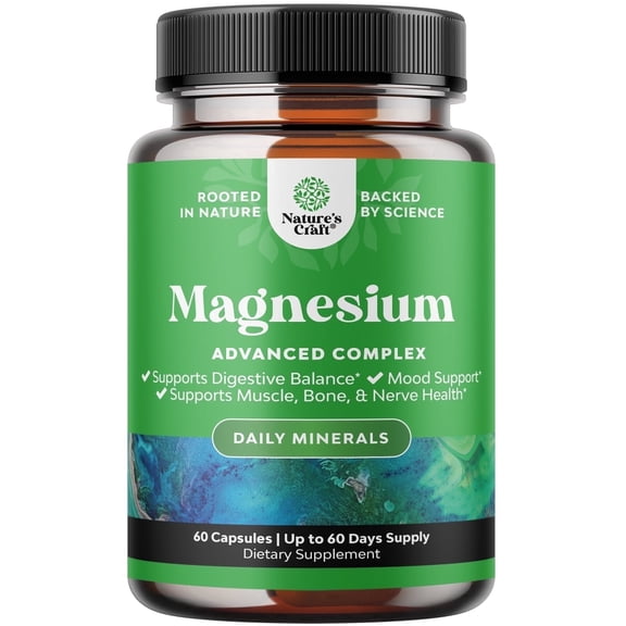 Natures Craft Magnesium Complex Supplement for Digestive, Muscle, and Mood Support, 60 Capsules