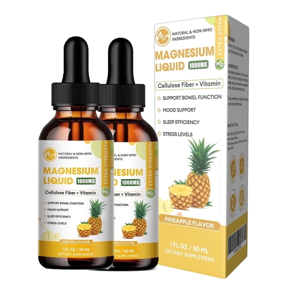 High Absorption Magnesium Liquid Drops with Cellulose Fiber, Bromelain, Vitamin B6, C, D, Zinc, Magnesium Supplement, Pineapple Flavor, 2 Pack