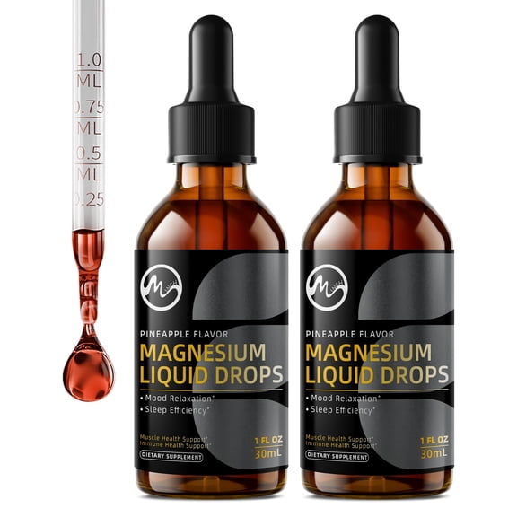 High Absorption Magnesium Liquid Drops with Cellulose Fiber, Bromelain, Vitamin B6, C, D, Zinc, Magnesium Supplement, Pineapple Flavor, 2 Pack