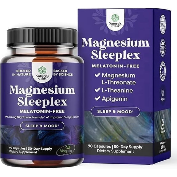 Natures Craft Magnesium Sleeplex Sleep Supplement, Melatonin Free Sleep Aid, 90 Capsules