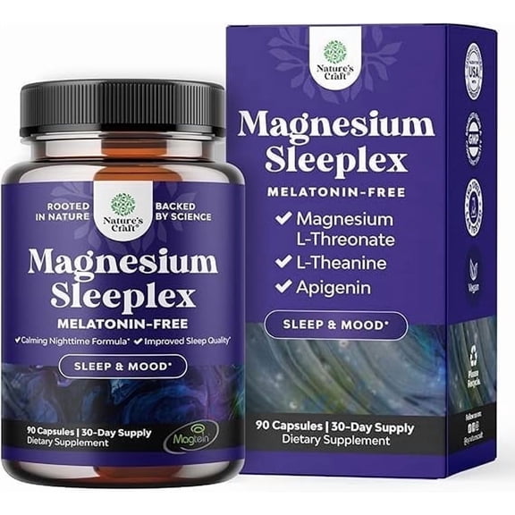 Natures Craft Magnesium Sleeplex Sleep Supplement, Melatonin Free Sleep Aid, 90 Capsules